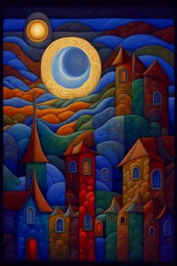 Moonlight patchwork in the style of Raymond Briggs, Laurel Burch, Randolph Caldecott, Picasso. extremely detailed fantasy oil on canvas very attractive imperial colors fantastic view 4K 3D VRay focused Surrealism Tesselated