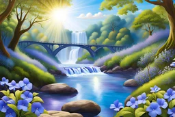 Magic forest with parma periwinkle flowers, parma or blue light effects colors, sun, realistic, high contrast, river with vinca flowers along, bridge, waterfall in background, 8k, high definition, concept art, sharp focus