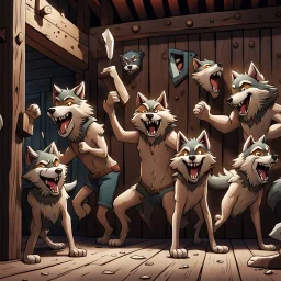 A group of anthropomorphic wolves react in surprise as one large hammer flies in the air against the wall of the wooden building. in the background other anthropomorphic wolves watch the scene unfold with expressions of shock and with surprise faces. one young anthropomorphic wolf in bodyhair stands in the foreground held up empty two paws, high realistic, detailed,dark fantasy mood, rain, cinematic
