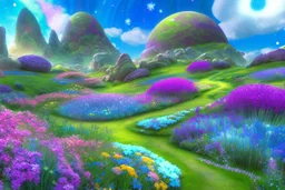 fairy and cosmic landscape with blue grass, magic plants, sky with light and stars