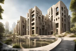 Kingdom of ancient history, modernist architecture into cityscape, casting soft sunlight on the structure, emphasizing its sleek design and blending with the natural surroundings, Architectural photography, real photography, photo real