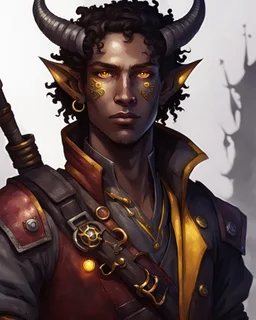 male humanoid tiefling, pirate, dark gray skin, yellow eyes, gloomy lighting, small ears