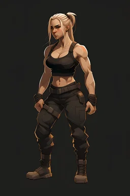 A woman with braided blonde hair wearing a black tank top and armored trousers while being muscular, digital art style