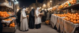 A full-length Palestinian girl wearing an embroidered dress and a white embroidered shawl buys oranges from an old seller wearing a keffiyeh in the market of Jerusalem, 100 years ago, at night with multi-colored lights reflecting on her.