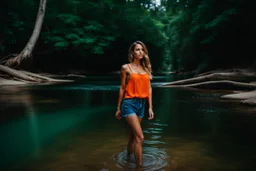 beautiful girl in blue short and orange top walking in water toward camera in trees next to wavy river with clear water and nice sands in floor.camera capture from her full body front