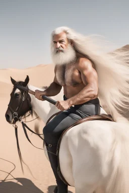 Portrait photography of a burly arab strongman, white beard, sweat, hairy chest, 63 year old, big eyebrows, curly hair, white t-shirt, on a white horse in the desert under the sun, photorealistic, ambient occlusion