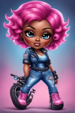 create an airbrush illustration of a chibi cartoon voluptuous black female wearing a blue jean outfit with biker boots. Prominent make up with hazel eyes. Extremely highly detail of a very low pink pixie haircut. Background of a bike show.