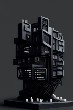 design a black house that is made of computer parts and computer code/