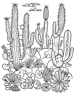 outline art for stoners coloring pages with A very simple and super minimal design featuring A psychedelic desert oasis with cacti shaped like giant buds, white background, sketch style, fully body, only use outline, cartoon style, clean line art, white background, no shadows and clear and well outlined