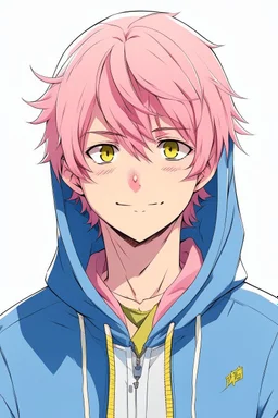 An anime man with messy short pink hair and narrow gold eyes wearing a blue hooded jacket Realistic. Slight smile