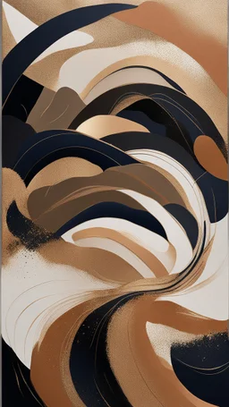 "Create an abstract artwork featuring soft, overlapping shapes in earthy tones like beige, rust, and navy. Incorporate sweeping black brushstrokes, textured golden accents and glitters, and subtle splatter effects to add depth and movement. The design should evoke a sense of modern elegance and organic flow. ON BLACK BACKGROUND