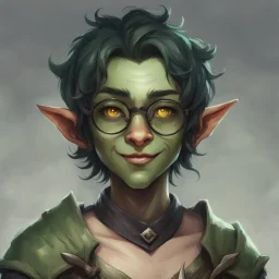 dnd, portrait of cute young orc-elf hybrid femboy, black hair, short hair, curled hair, hair covering one eye, emo hair, round glasses, tusks, sharp teeth, yellow eyes, flat chest, mage, magic, nose ring, pierced ears, twink, smile, sharp teeth, all green skin, round face, small nose, shy, green ears, green lips, green nose