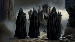 black robe hooded monks in the stone castle