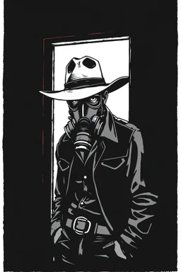 western styled man with hat (wide and flat brim and a flat top) shading face, wearing a gas-mask, leaning in a doorway, vignette, black and white graphic novel style with a red outline on black background, gothic horror