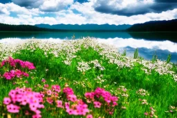 Clouds, flowers, lake