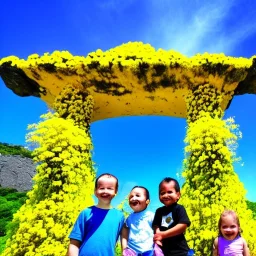 Fleurs jaunes, ciel bleu, portail céleste, cascade, dolmen, oiseaux, enfants souriants , couleur mauve,4k