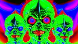 A movie poster featuring jcreatures from mars attacks movie vivid RANDOM BRIGHT neon colors, dark comedy, well lit, high detail, photorealistic, horrorcore, fun, scary, none featured, each a different color or hue,