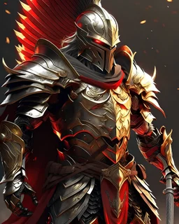 silver and gold armor with glowing red eyes, and a ghostly red flowing cape, crimson trim flows throughout the armor, the helmet is fully covering the face, black and red spikes erupt from the shoulder pads, crimson and gold angel like wings are erupting from the back, crimson hair coming out the helmet, spikes erupting from the shoulder pads and gauntlets