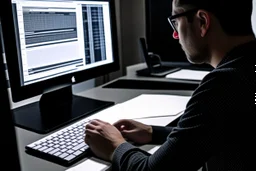 Someone sitting in front of a computer checking information and sources.