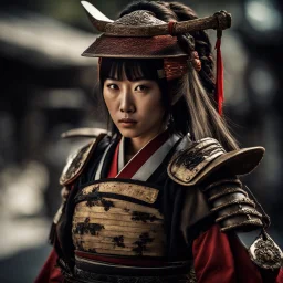 Behold the powerful alluring and pretty Japanese samurai woman, her body adorned with the traditional samurai costume, HDR, beautifully shot, hyperrealistic, sharp focus, 64 megapixels, perfect composition, high contrast, cinematic, atmospheric, moody