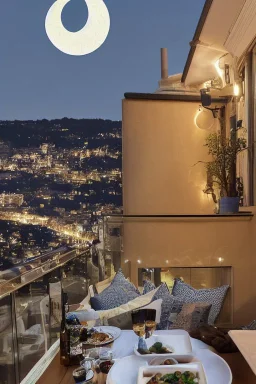 It's a starry night, with a luminous crescent moon, and from the balcony of an elegant luxury apartment, a view of a city with a hill and a river, lights in the windows of the houses. On the balcony, a dining table with a tray with a bird pattern, pizza and wine in starlight