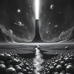 A detailed, black and white digital painting of a desolate, otherworldly landscape. In the center of the image is a monolith piercing the dark sky, surrounded by a vast, skull-filled plain, with a river of darkness flowing towards it. The sky is filled with countless stars and planets, and a beam of light shines down from above, illuminating the scene.