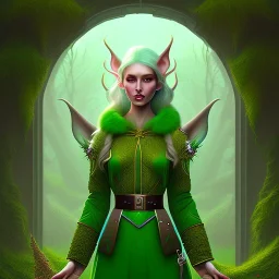 spray painting fantasy art, portrait cute elven priest with green clothes standing in portal to wet forest world from desert world with camels,poetry book illustration