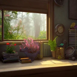 teacher waiting in the classroom window,flower, nature, unreal engine 5, studio lighting --ar 2:1