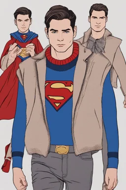 A guy on a fashion runway with Superman invernal clothes style embroidery without cape