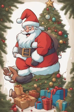 smilling santa claus next to christmas tree, disney and pixar style