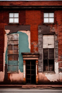 side of an old brick building, with windows, a doorway at the bottom, and worn out painted mural across the top