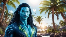 beautiful gorgeous young man na'vi with long hair, Avatar, blue skin, two small ears, green eyes, black hair, in cosmic suit, galactic ambiance, medium pointy goatee , smiling, with spaceship and planets and palm trees and clear crystaline cosmic beach in background