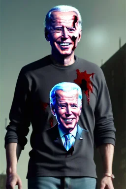 realistic image, joe biden zombie, arm cut and bleeding, night, walking with a limp, waist up view, dark ambient, highly detailed, sky background, concept art, unreal engine 5, god rays, ray tracing, RTX, lumen lighting, ultra detail, volumetric lighting, 3d, finely drawn, high definition, high resolution.