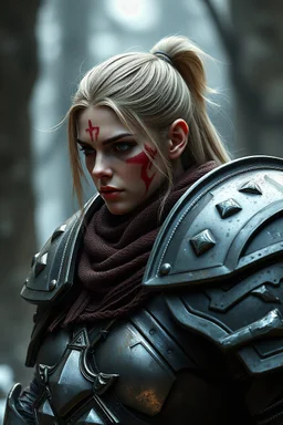 Human female paladin heavy armor, scar on face and big shoulder Paul seen on one side