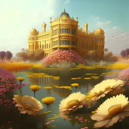 A very large palace made of flowers with a yellow river