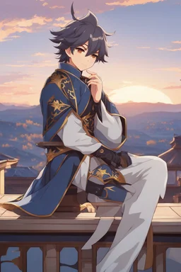 Xiao from Genshin Impact, highly detailed, intricate background, sitting on rooftop, contemplative