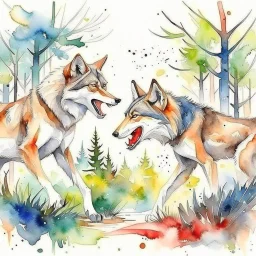 fight of wolves in the forest watercolor painting print art, illustration, home decor, wall art, gift, Wildlife , white background