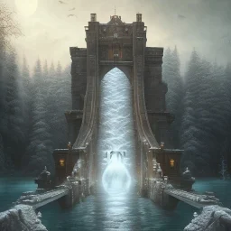 fantasy art, book illustration, upper body of big mad wizard in front of the stairs of a bridge or dam ,icy water, on the bridge is a wolf, there is also a hawk and everything is seen from the tree tops