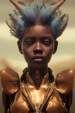 portrait,beautiful african robotic sirene, post-apocalyptic in a cyberpunk city, realistic, intriacte detail, sci-fi fantasy style, volumetric lighting, particales,highly detailed,cinematic, deep blue.