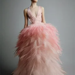 dress made out of feathers and tulle, stunning colors, beautiful lighting, delicate composition, aesthetic, ballerina, ballgown