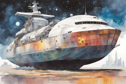 create an interstellar container ship caught in a celestial maelstrom, cosmic patterns, and dreamlike scenes, stars, planets, in the comic book style of Bill Sienkiewicz and Jean Giraud Moebius, ink wash and watercolor, highly detailed and sharply defined