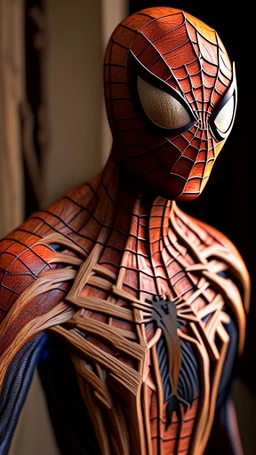 spiderman made from wood, ultra realistic, 4k, ultra detail, full body, full picture, --ar 9:16