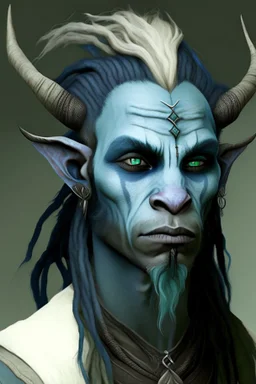 A tieffelin with blue skin and white Dreadlock hair. His pupil-less eyes are green. He wears a small beard. His horns are black and curved backwards. He wears a beige tunic.