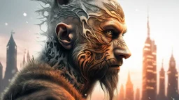 Double exposure, Wolfman, photorealism, man, city, sunset, snow, rain, fantasy, mystical, tattoo, vertical pupils, high detail, high resolution, 8K