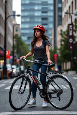 a full body teen ager girl walking with a bicycle in modern city street, no safty hat