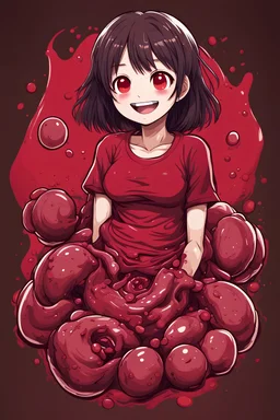 A detailed illustration Anime girl smiling crushed inside really darkred fleshy stomach filled with digestive juices, t-shirt design, focused on the character, vector logo, vector art,