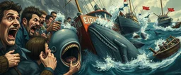 close up on scared people, collisions, aggression, ship hitting animals, animals interacting with vehicles, whales near boats, overlapping subjects, chaotic composition, distortion, surreal behavior, violence, confusion, merged objects, cartoon, painting, low realism, watermark, text