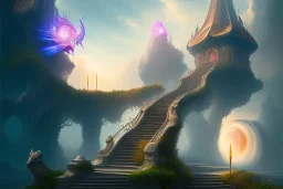 mythical mystical long stairway up to heaven in the sky, otherworldly atmospheric mist, beautiful colours, fine art, trending on artstation, masterpiece