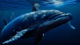 Primer plano de una ballena jorobada emergiendo en aguas profundas con partículas de plancton alrededor, fotografía submarina cinematográfica con luz azul difusa