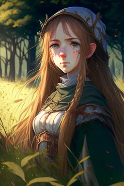 Anime, girl in medieval clothing in large field in the middle of the forest, HD, extreme detail in the face